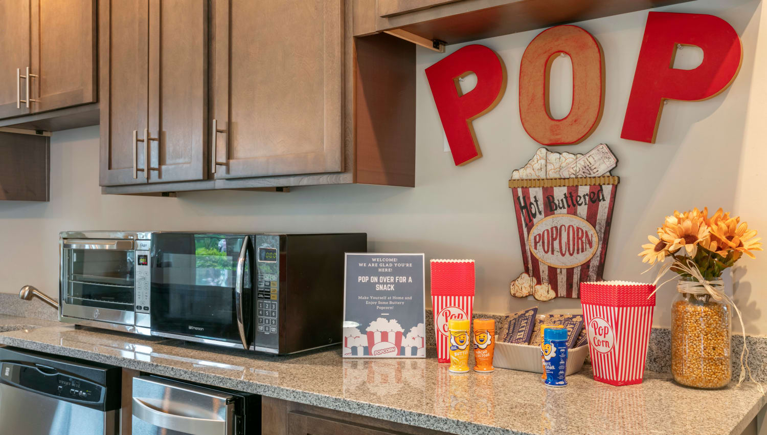 Popcorn supplies and more in the kitchen of the resident clubhouse at The Village at Apison Pike in Ooltewah, Tennessee