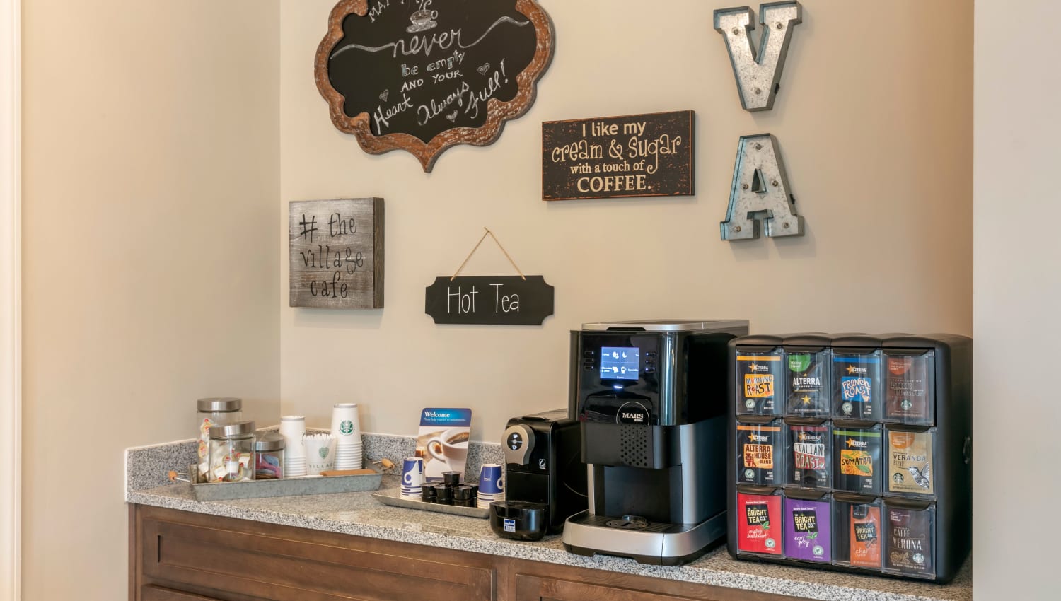 Coffee station in the resident clubhouse at The Village at Apison Pike in Ooltewah, Tennessee