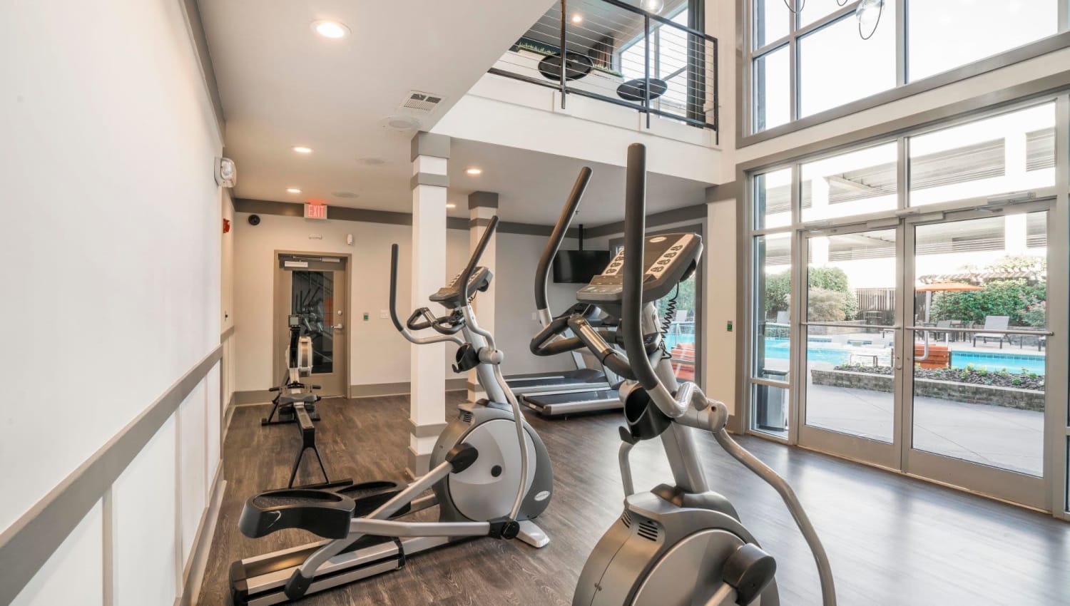 Fitness center with huge windows at Drift Dunwoody in Dunwoody, Georgia