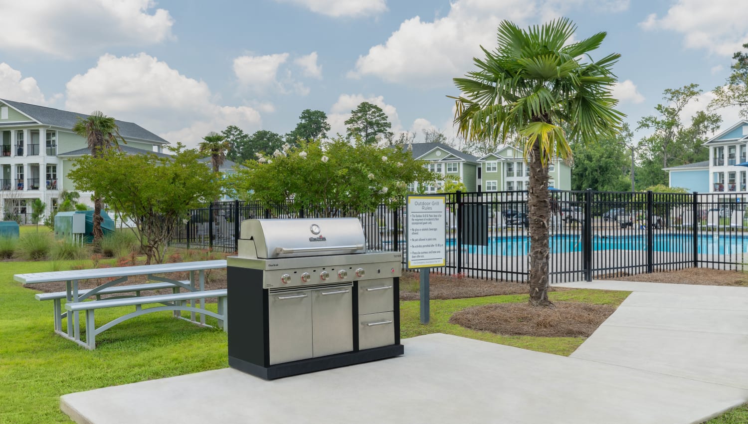 Grilling area by the pool at The Slate in Savannah, Georgia