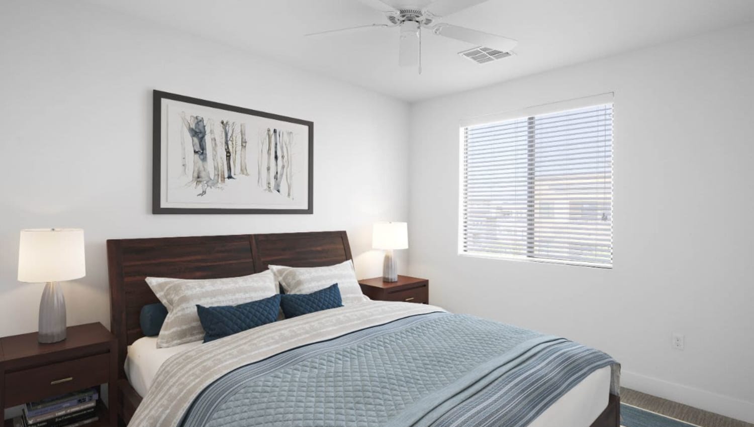 Model bedroom with bedside lamps at Cadia Crossing in Gilbert, Arizona
