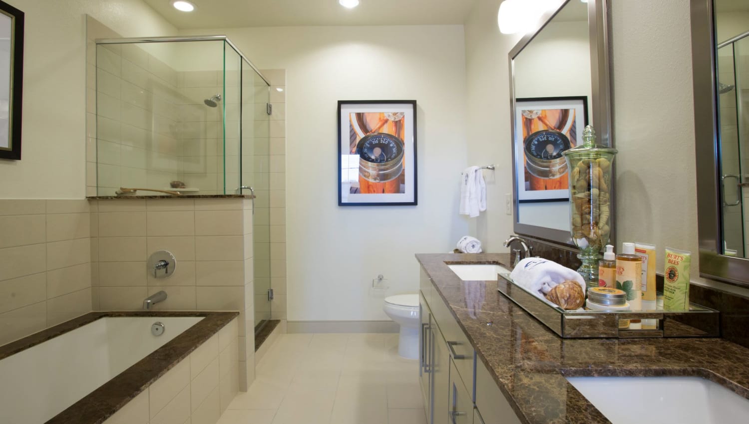 Luxurious bathroom with bathtub and detached shower at Olympus at Memorial in Houston, Texas