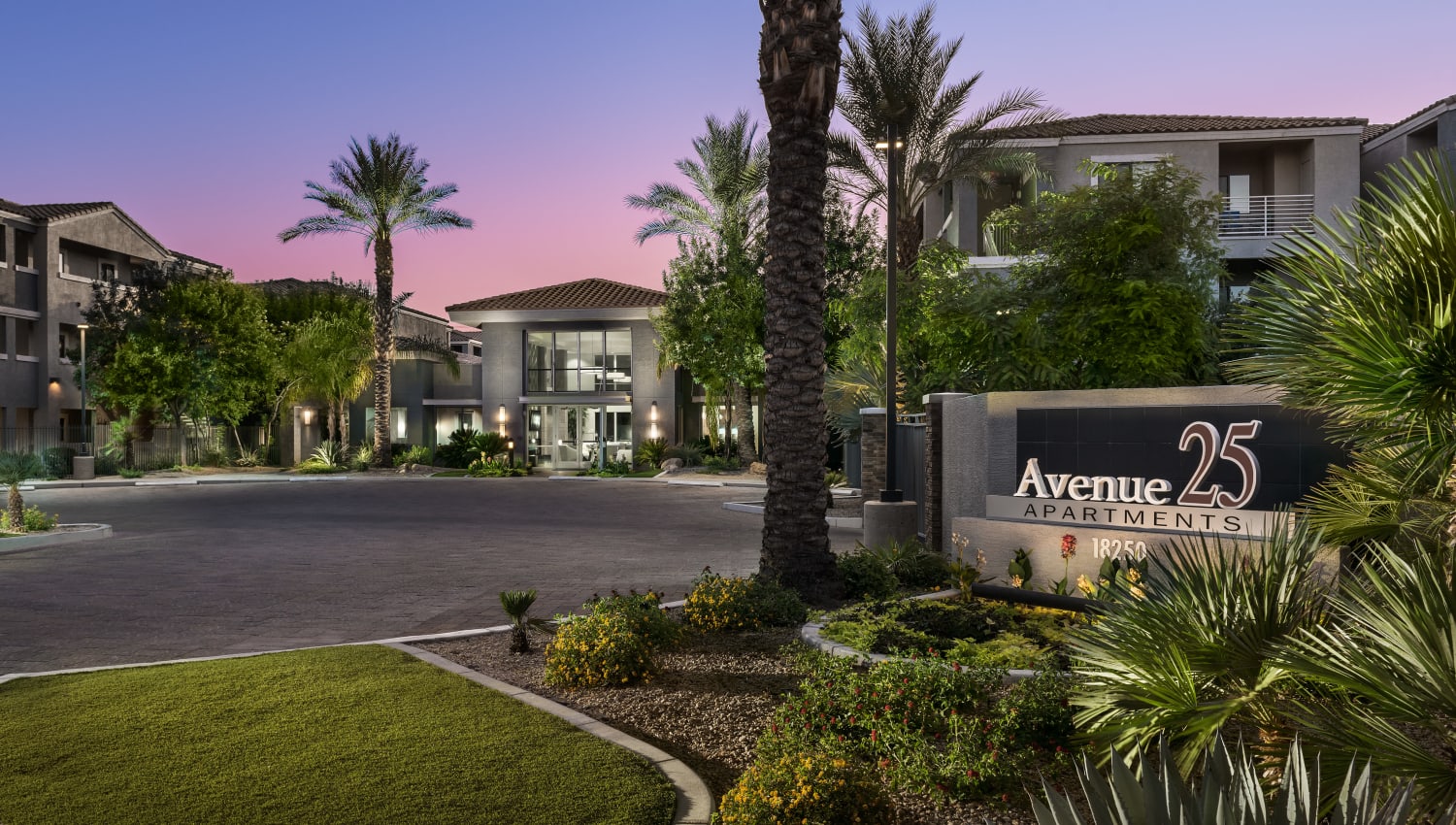Main entrance and front of the clubhouse at Avenue 25 in Phoenix, Arizona