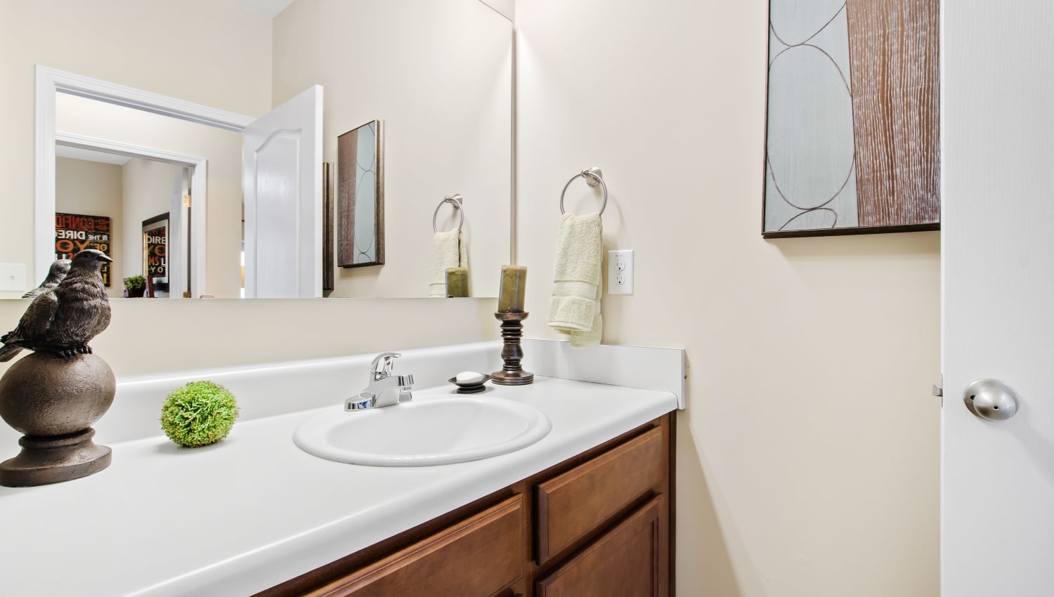 Model bathroom showcasing mirror at Olympus at Jack Britt in Fayetteville, North Carolina