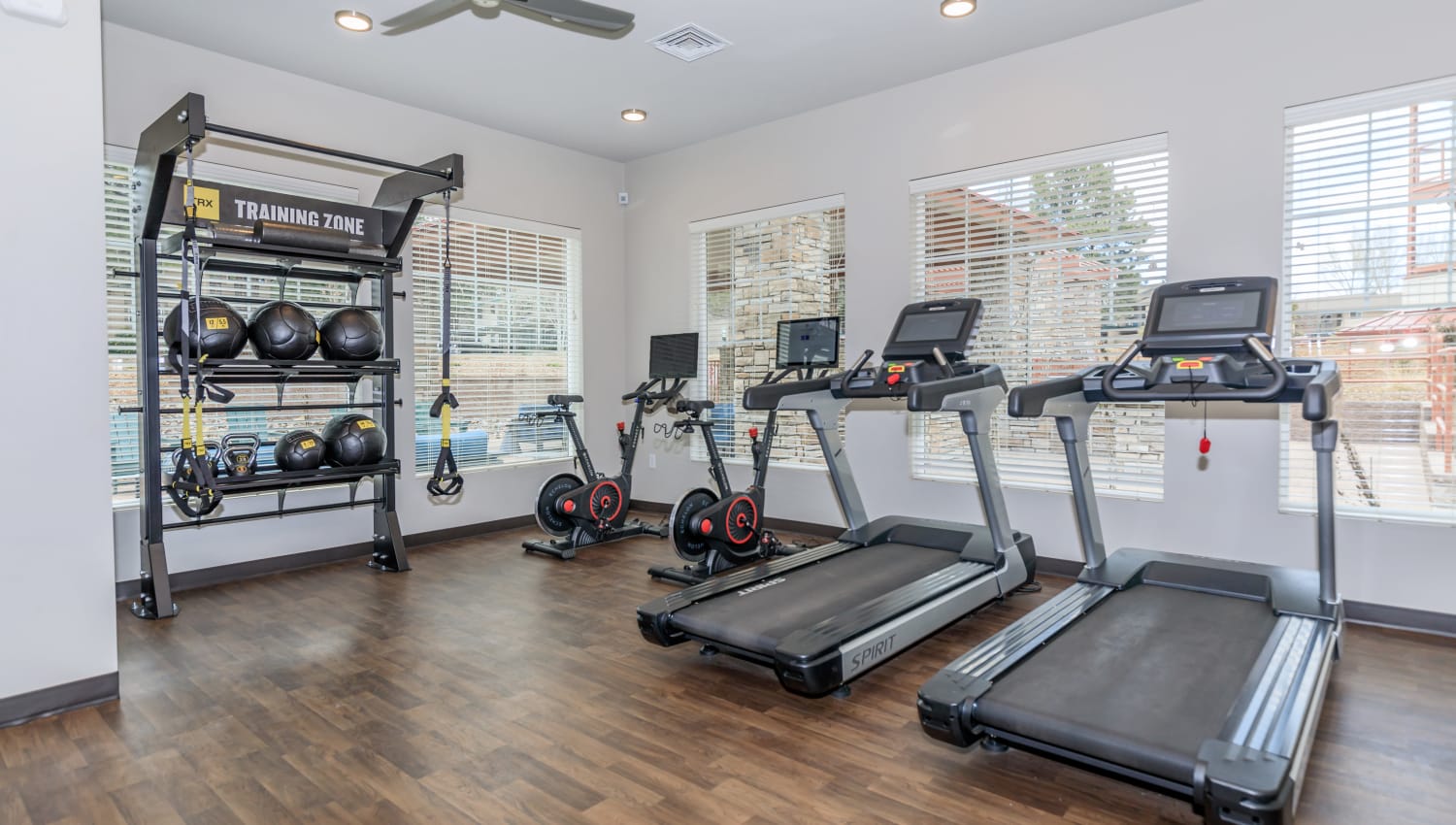 Well-equipped fitness center at Trailside Apartments in Flagstaff, Arizona