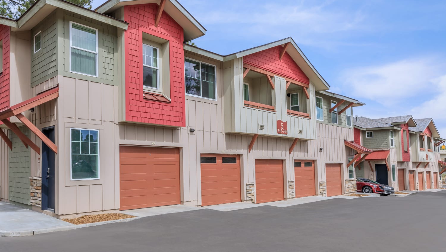 Exterior with garages at Trailside Apartments in Flagstaff, Arizona