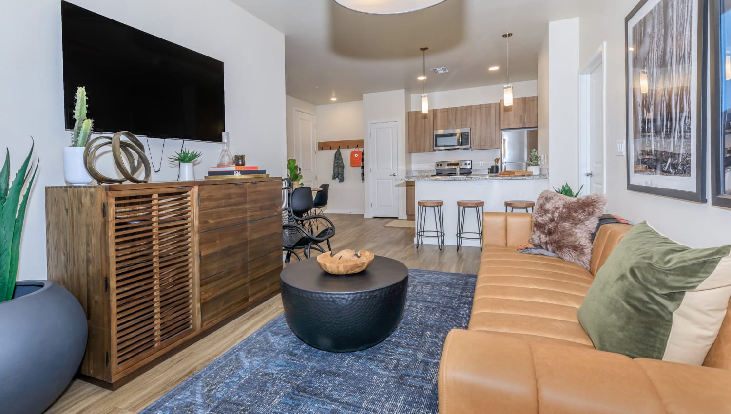 Spacious living room and kitchen at Trailside Apartments in Flagstaff, Arizona