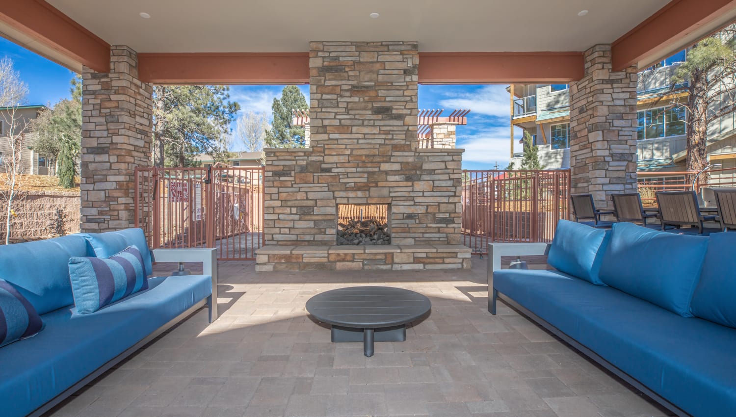 Outdoor fireplace at Trailside Apartments in Flagstaff, Arizona