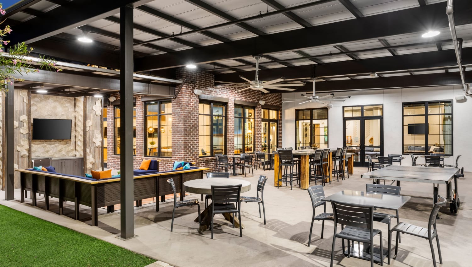 Dusk Outdoor Seating Area at Town Commons in Gilbert, Arizona
