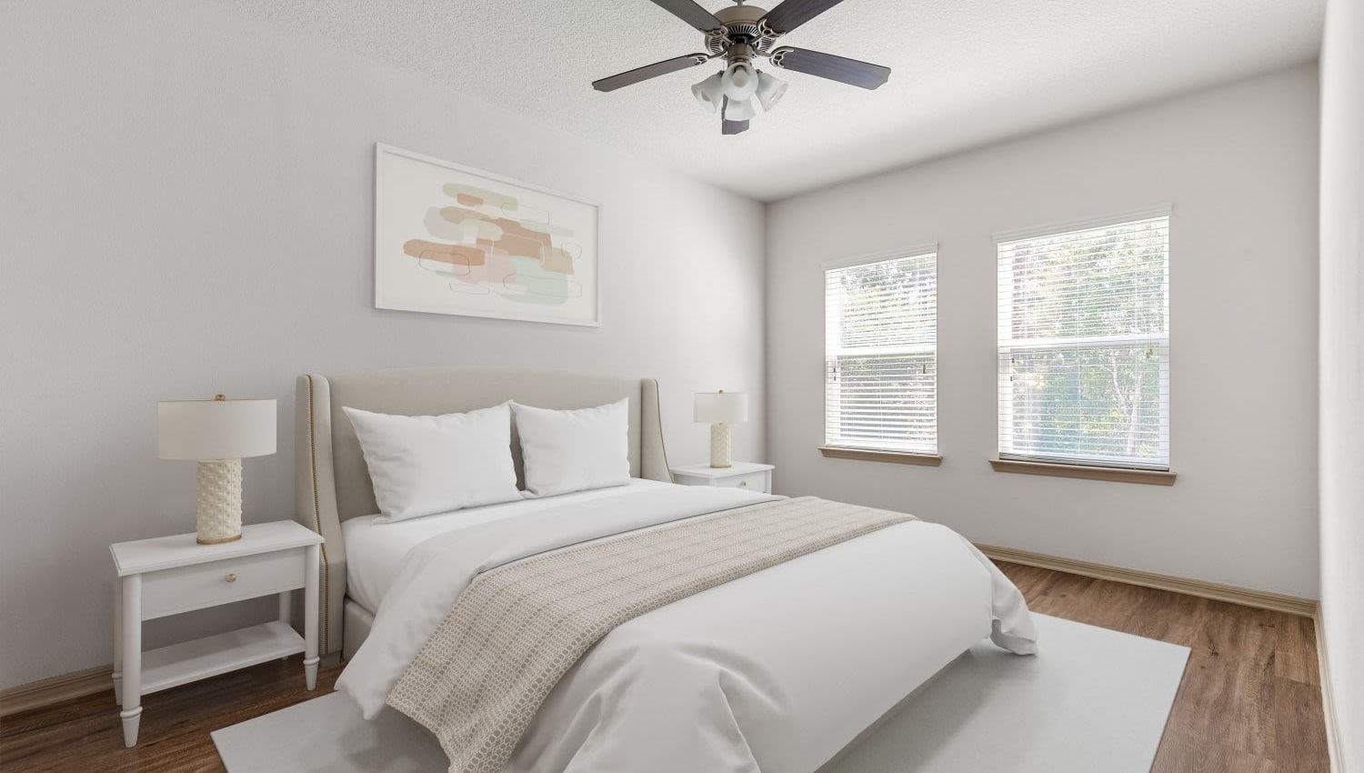 Bedroom with ceiling fan and wooden floor at Lakeline at Bartram Park in Jacksonville, Florida
