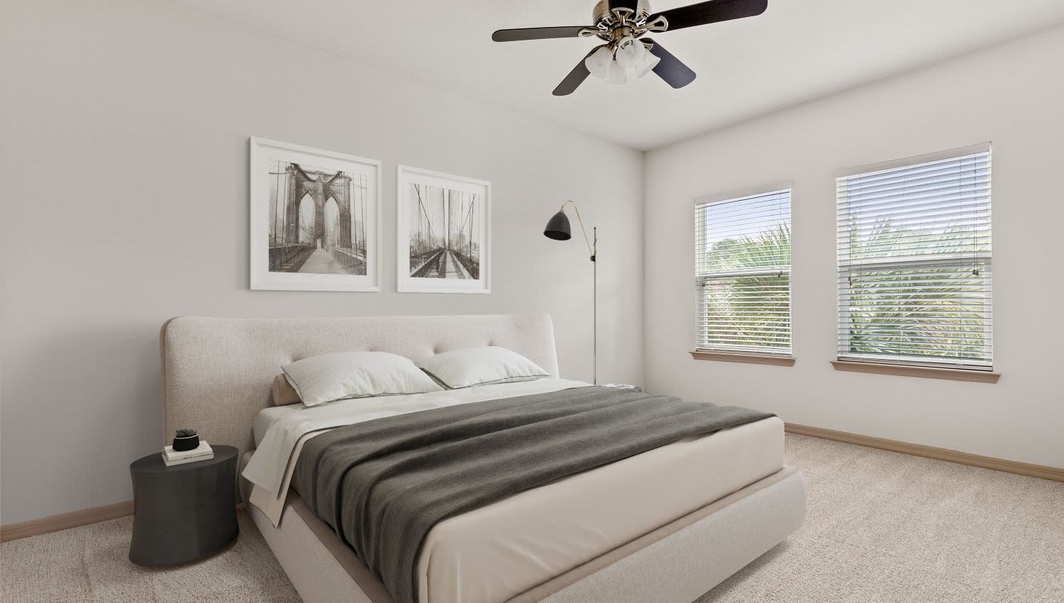 Bedroom with ceiling fan at Lakeline at Bartram Park in Jacksonville, Florida