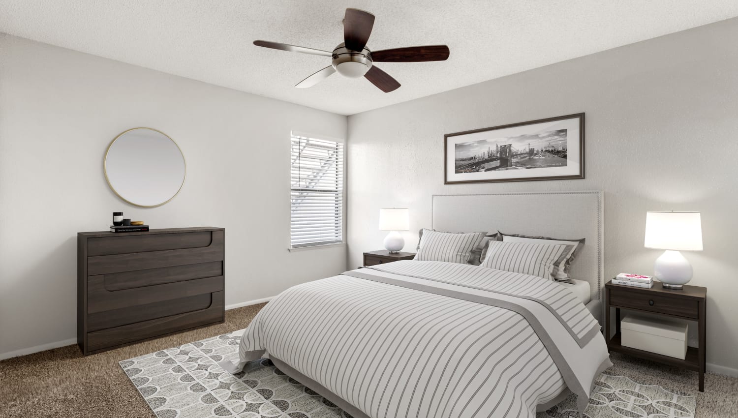 Bedroom with ceiling fan at Cielo on Gilbert in Mesa, Arizona