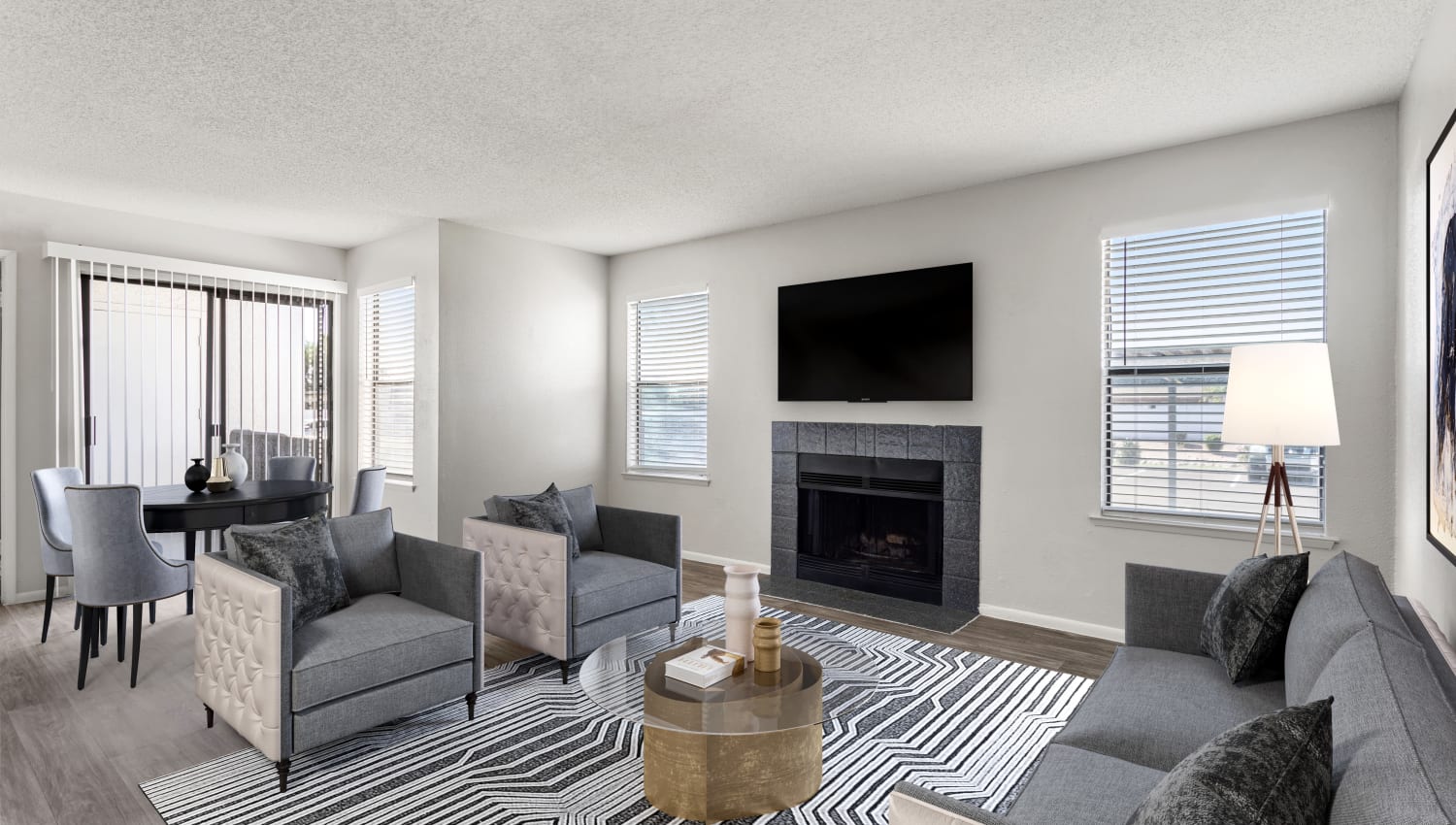 Spacious living room with fireplace at Cielo on Gilbert in Mesa, Arizona