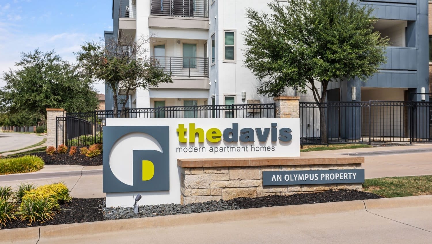 Front entry sign at The Davis in Fort Worth, Texas
