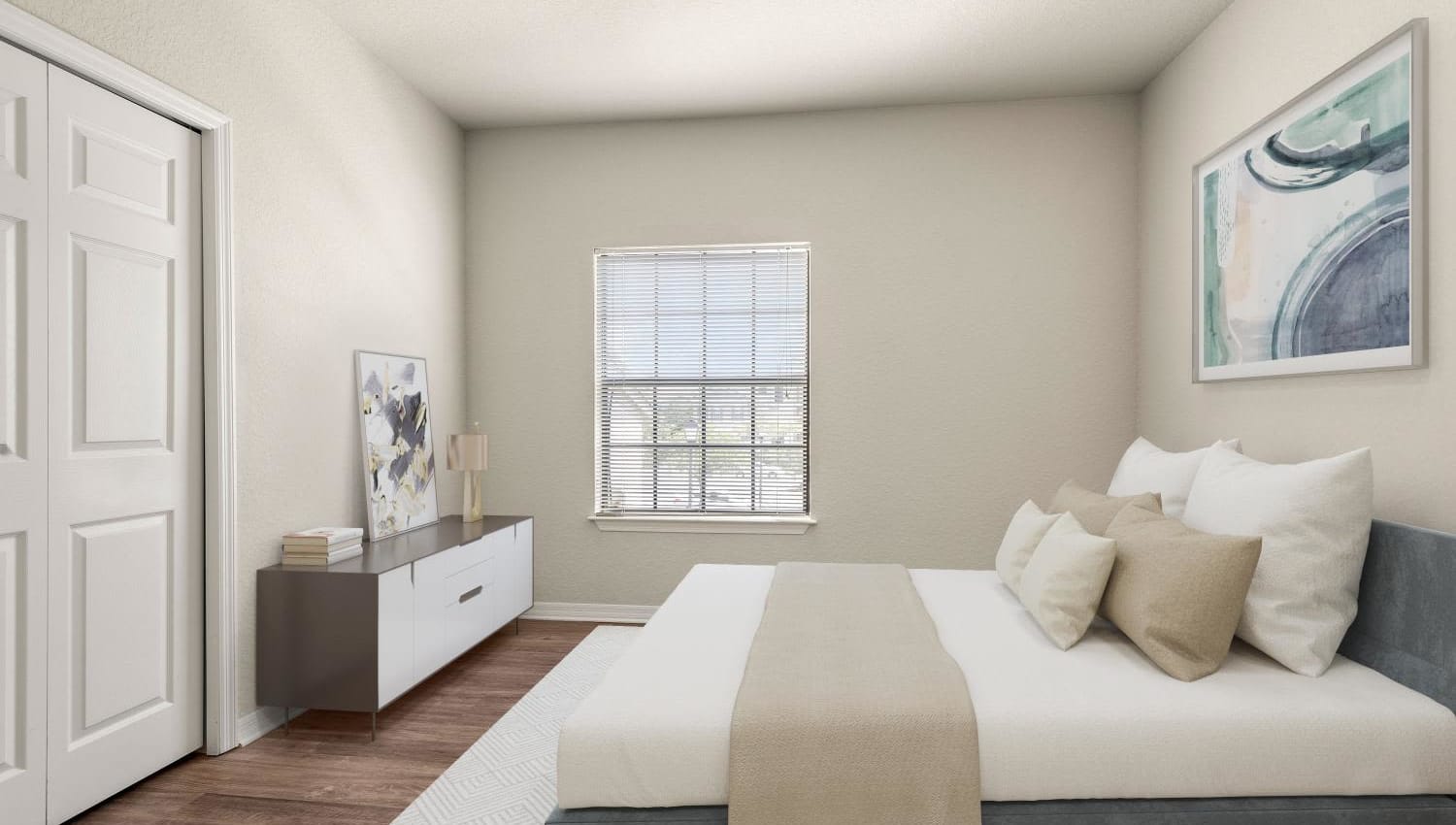 Bedroom with wooden flooring at Mirador & Stovall at River City in Jacksonville, Florida