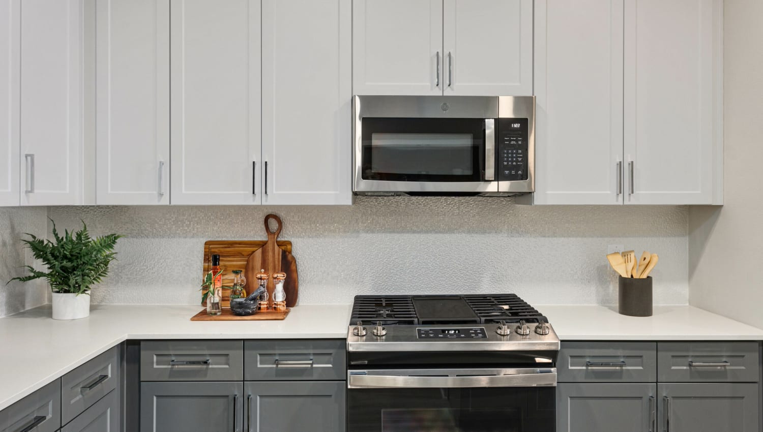 Stainless-steel appliances in the kitchen at Olympus Chandler at the Park in Chandler, Arizona