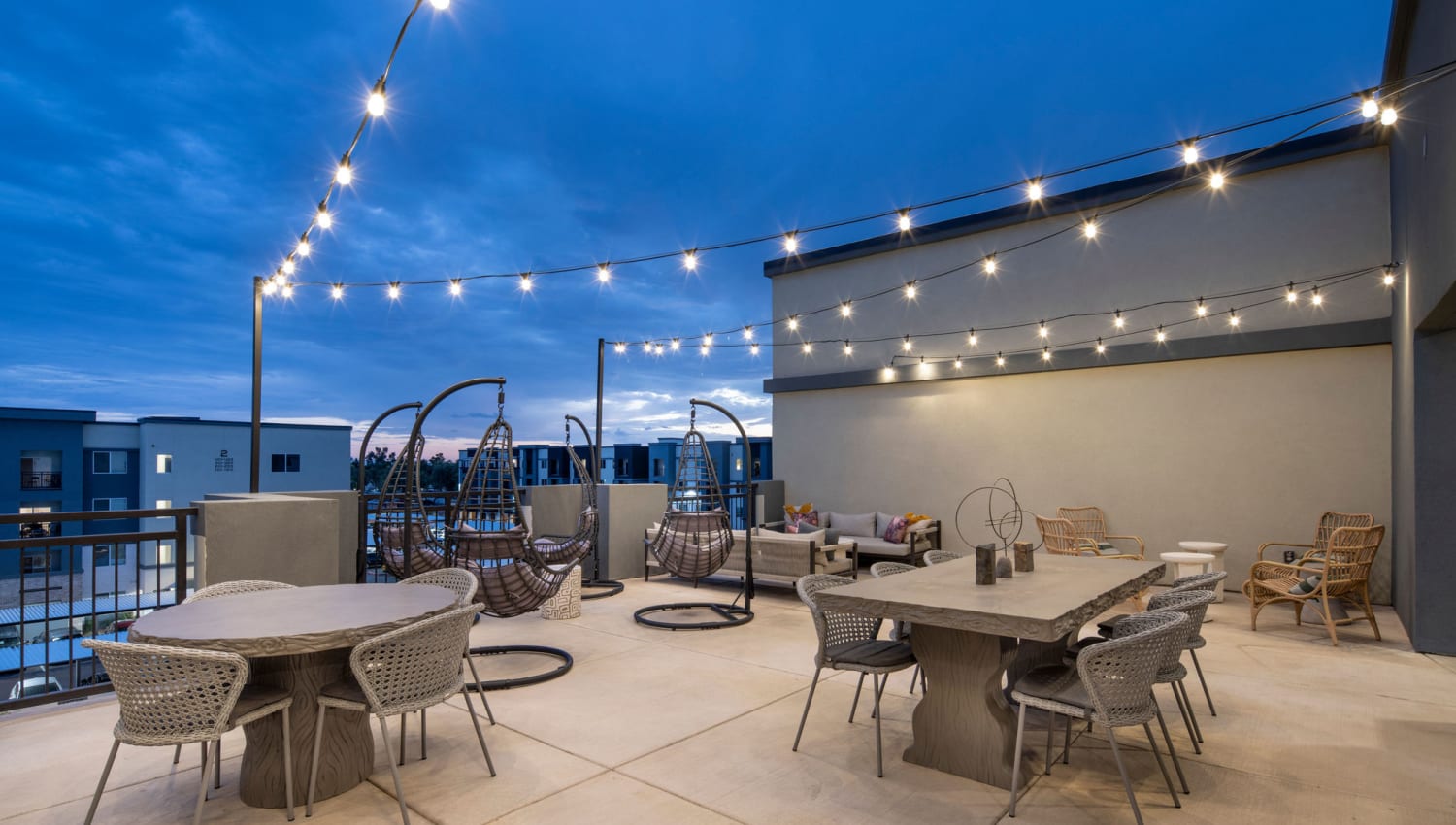 Rooftop lounge with lights at Olympus Chandler at the Park in Chandler, Arizona
