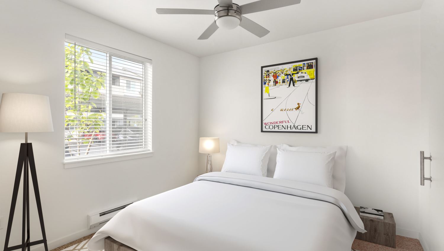 Bedroom with large window at Helm in Everett, Washington