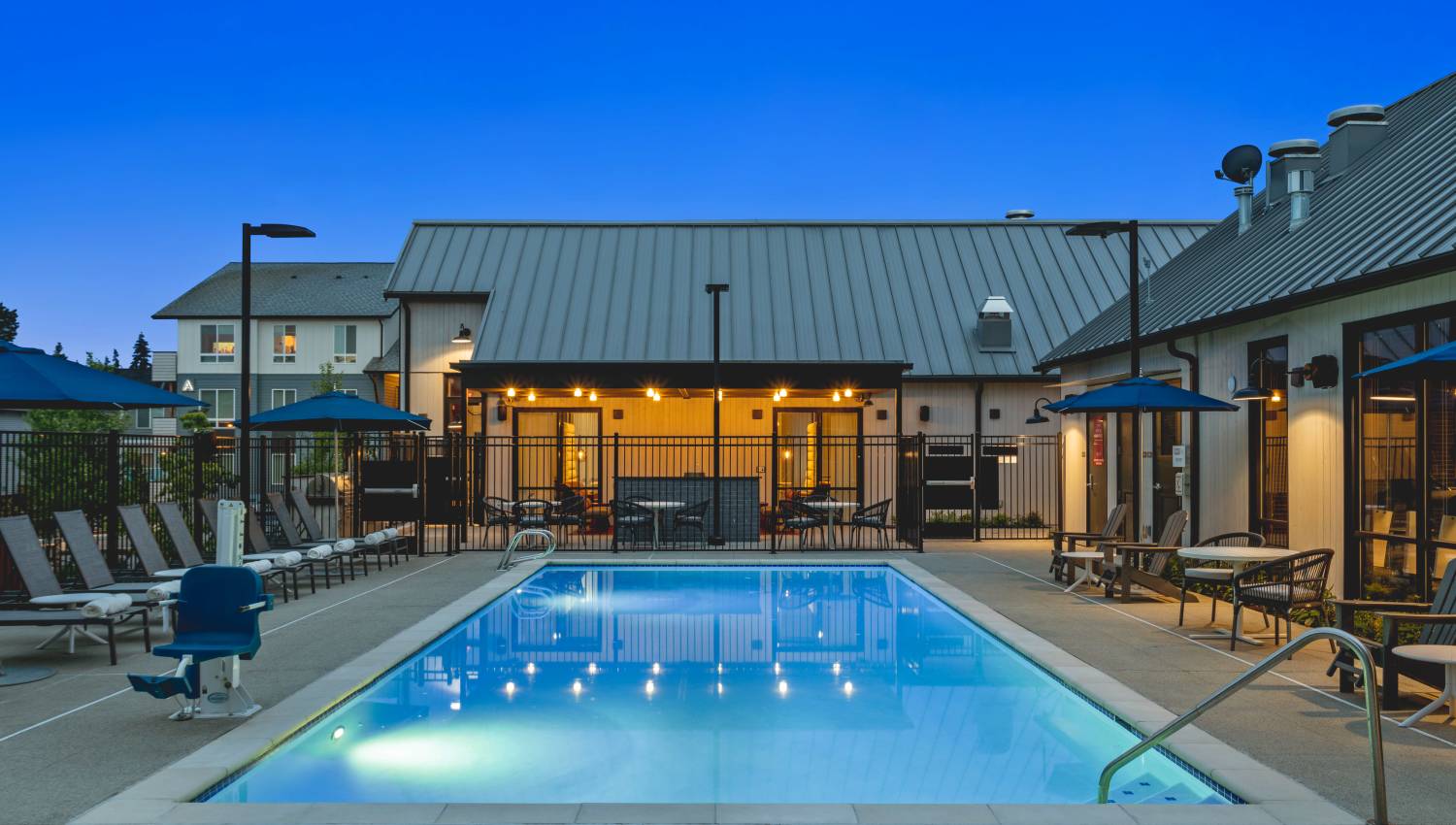 Swimming pool at dusk at Helm in Everett, Washington