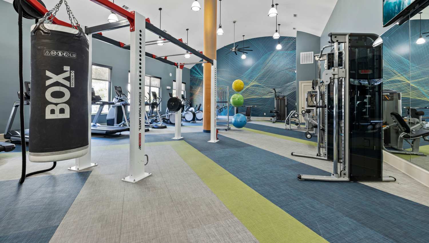 Large fitness center at Olympus at Memorial in Houston, Texas