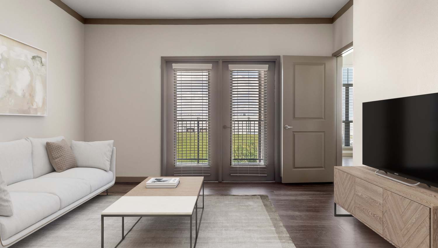 Living room with television at Tacara at Westover Hills in San Antonio, Texas