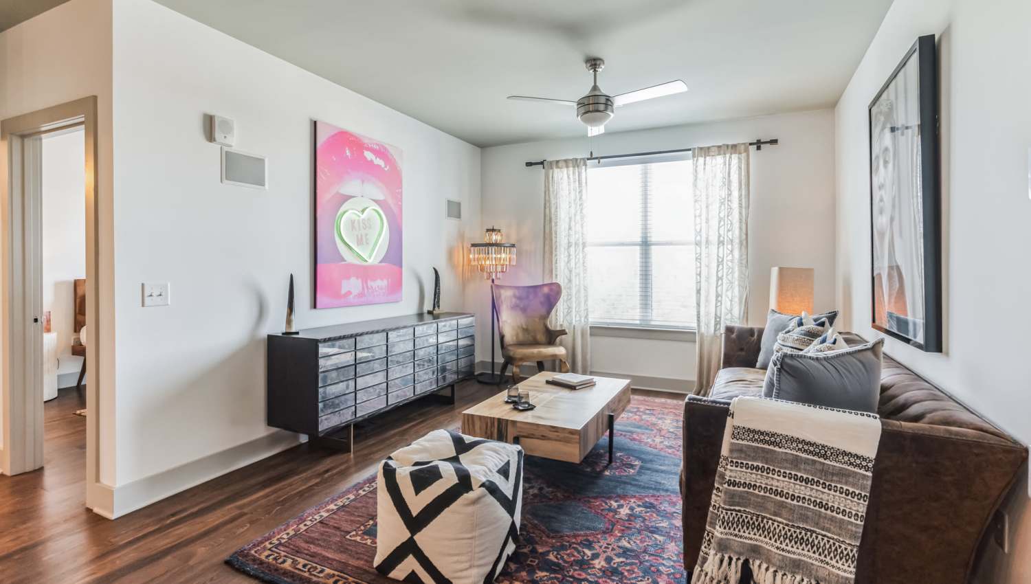 Bright living room with sofas at The Griff in Nashville, Tennessee,  