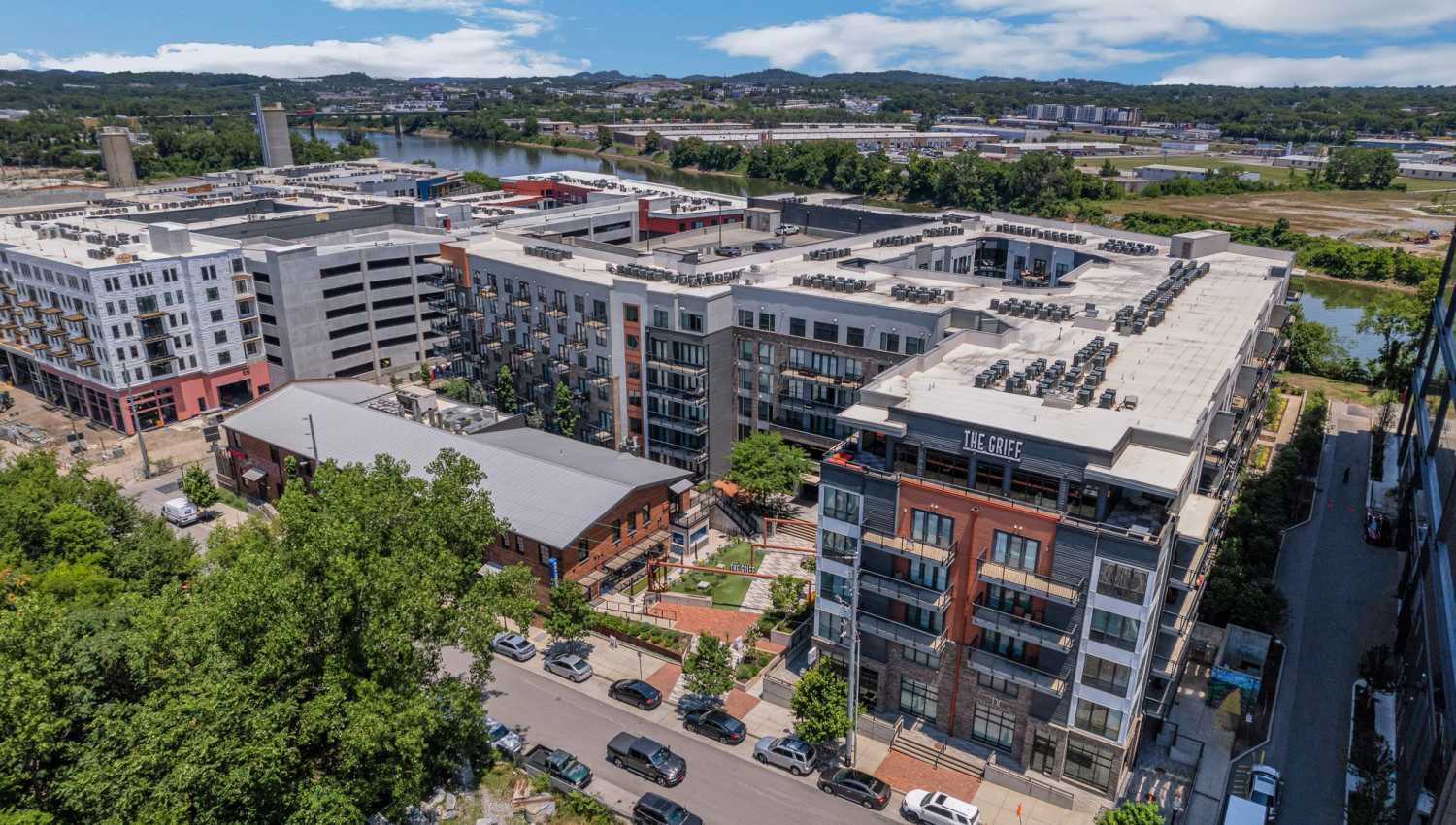 Aerial view of the community surrounded with trees at The Griff in Nashville, Tennessee, 