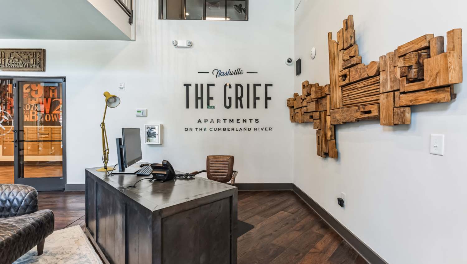 Front entrance of leasing office at The Griff in Nashville, Tennessee, 