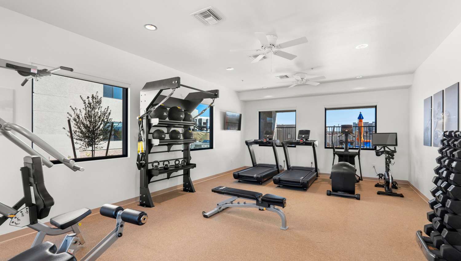Fitness center with dumbell racks at Olympus at Arroyo Verde in Tucson, Arizona