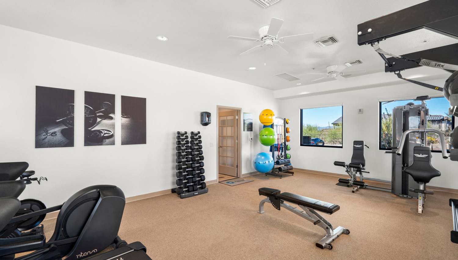 Fitness center with beautiful wall art at Olympus at Arroyo Verde in Tucson, Arizona