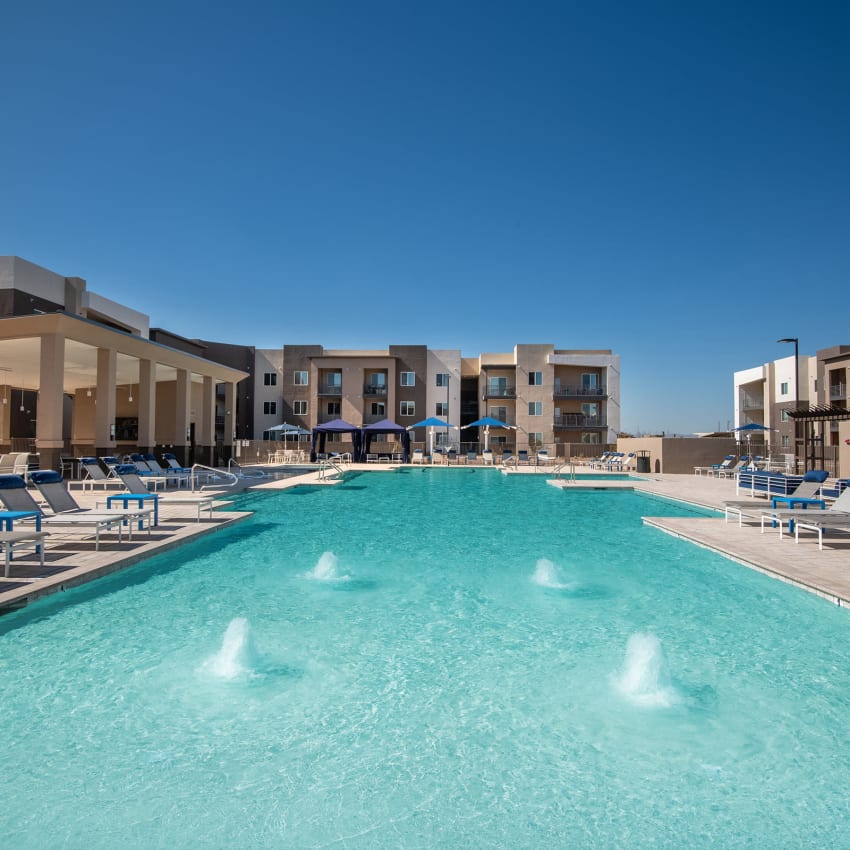Swimming pool with fountains at Sky at Chandler Airpark in Chandler, Arizona