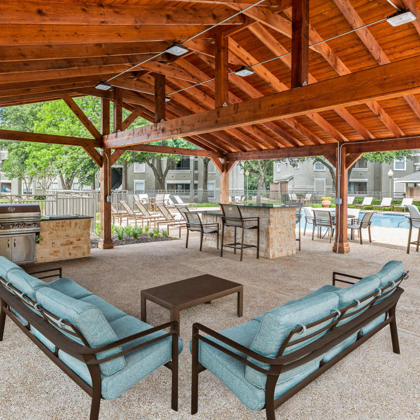 Beautiful poolside ramada at apartments in Farmers Branch, Texas
