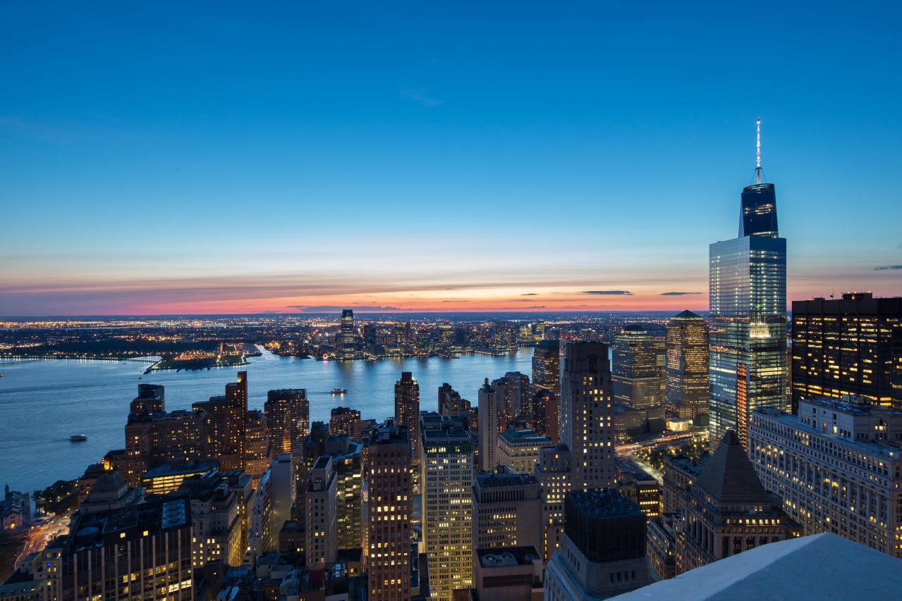 Skyline view at sunset from Twenty Exchange in New York, New York