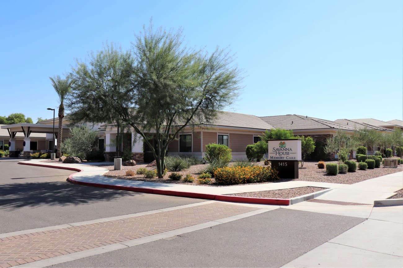 View of the entrance to our community from across the street at Savanna House in Gilbert, Arizona