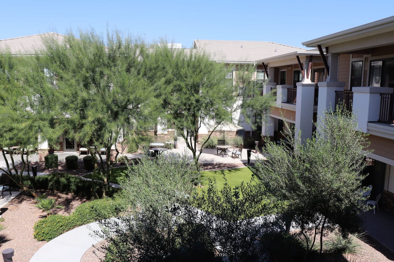 View of one of the exterior courtyards from an upper floor at Savanna House in Gilbert, Arizona