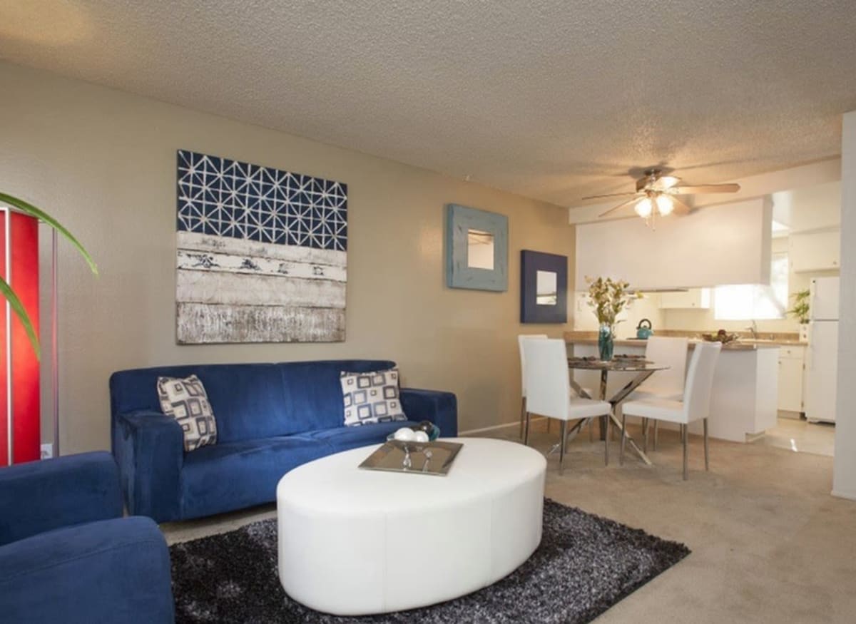 Spacious living room and coffee table in model apartment home of River Blu in Sacramento, California