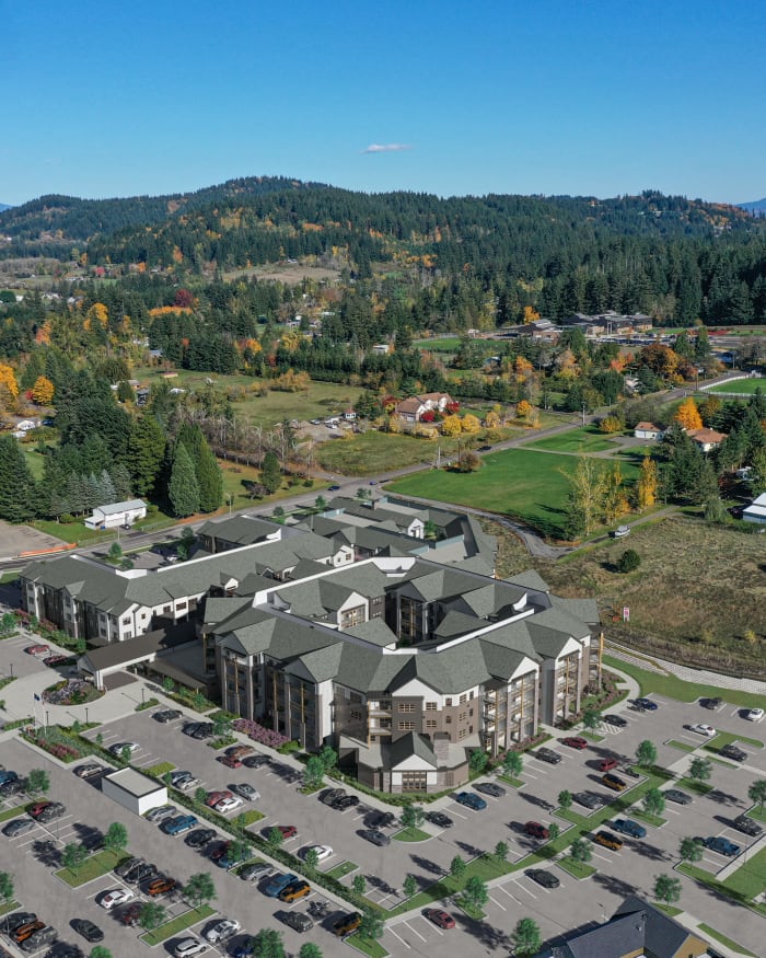 Aerial view of the neighborhood surrounding The Springs at Happy Valley in Happy Valley, Oregon
