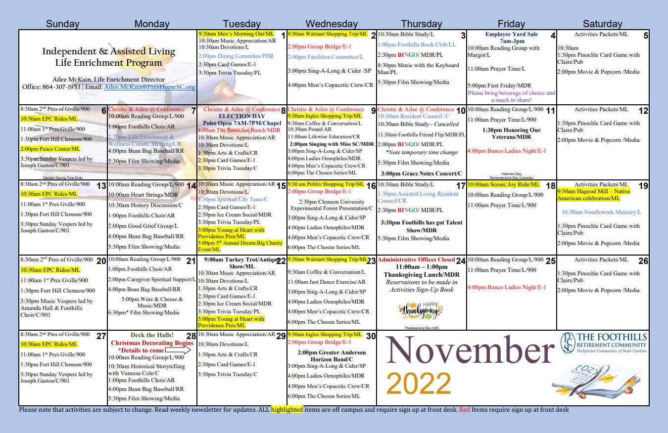 Sample activity calendar at The Foothills Retirement Community