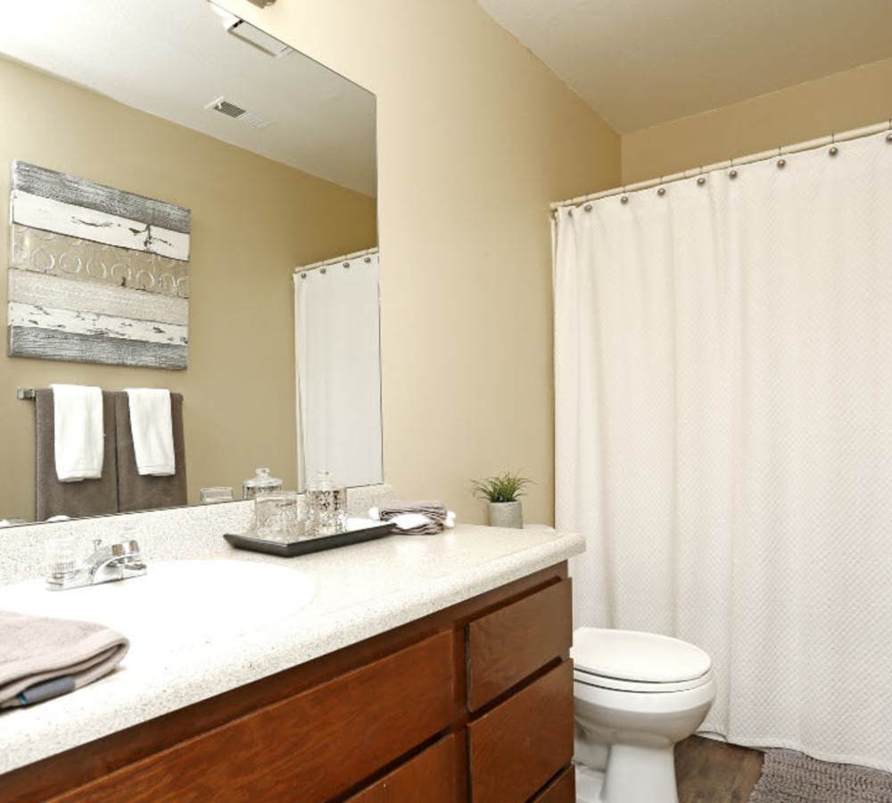 Bathroom with great lighting at Muirwood Apartment Homes in Martinez, California