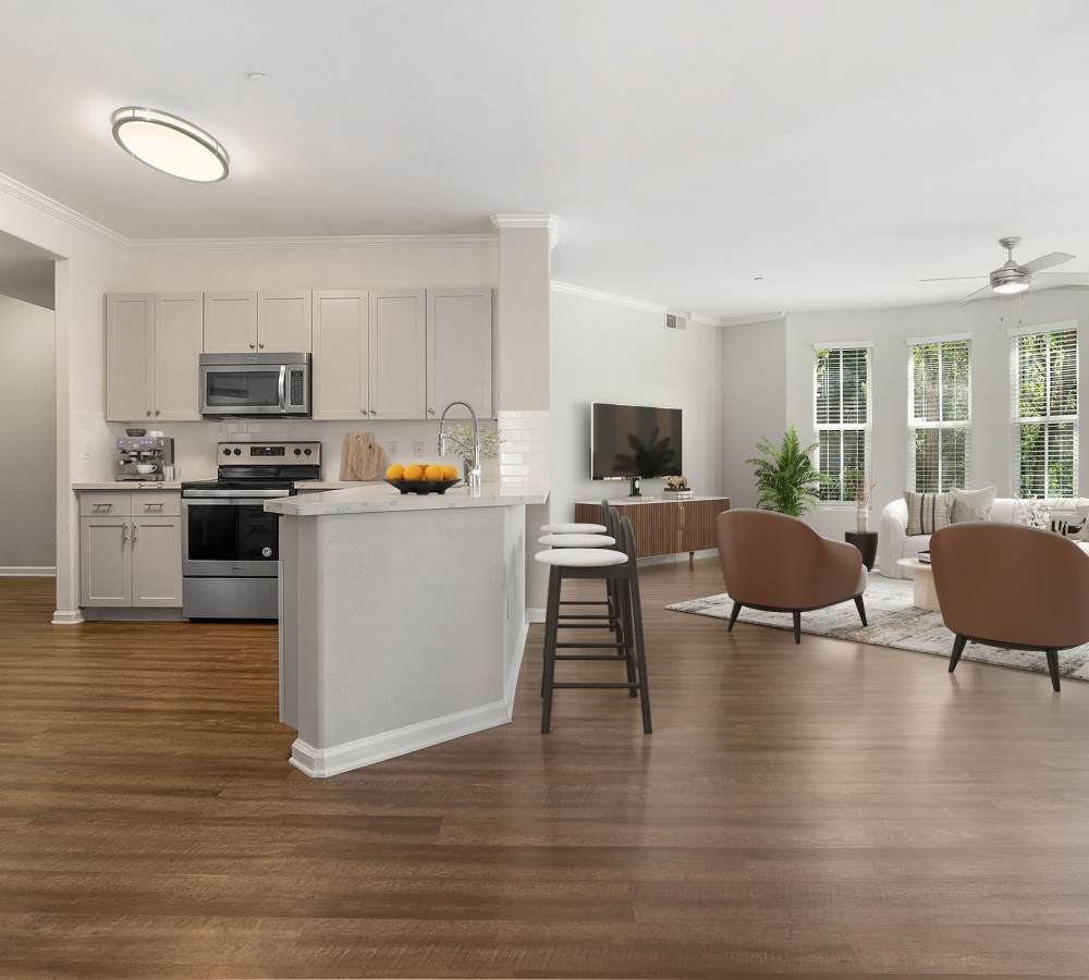 Renovated Kitchen and Furnished Living Room at Park Central in Concord, California