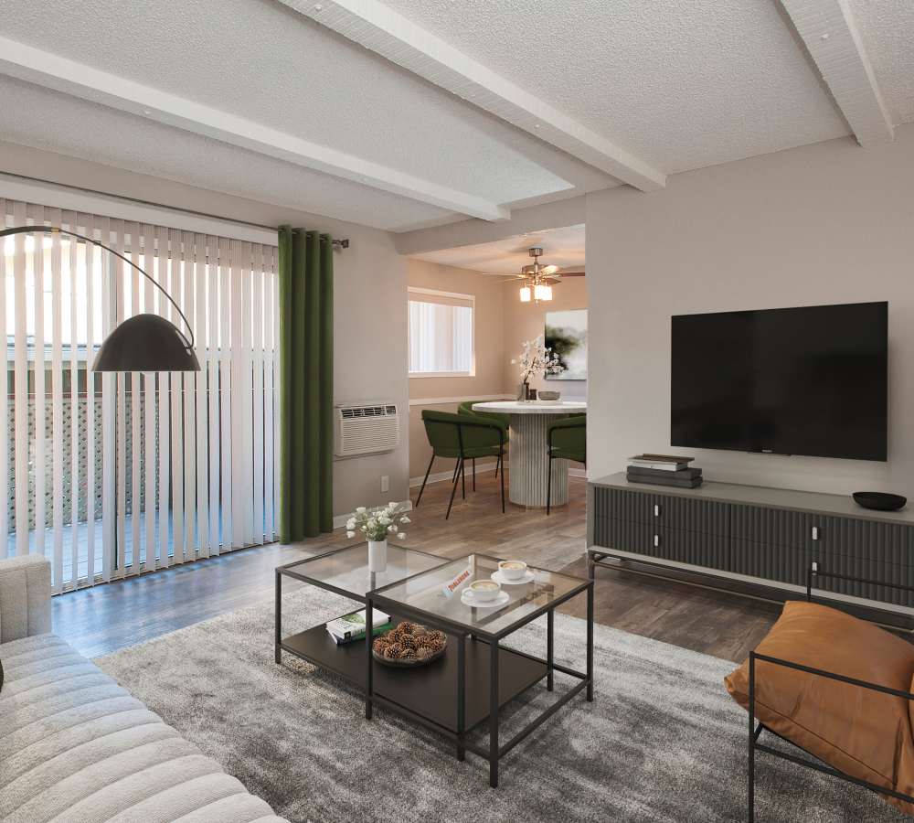  Renovated, furnished living room & dining room at Shadow Oaks Apartment Homes in Cupertino, California