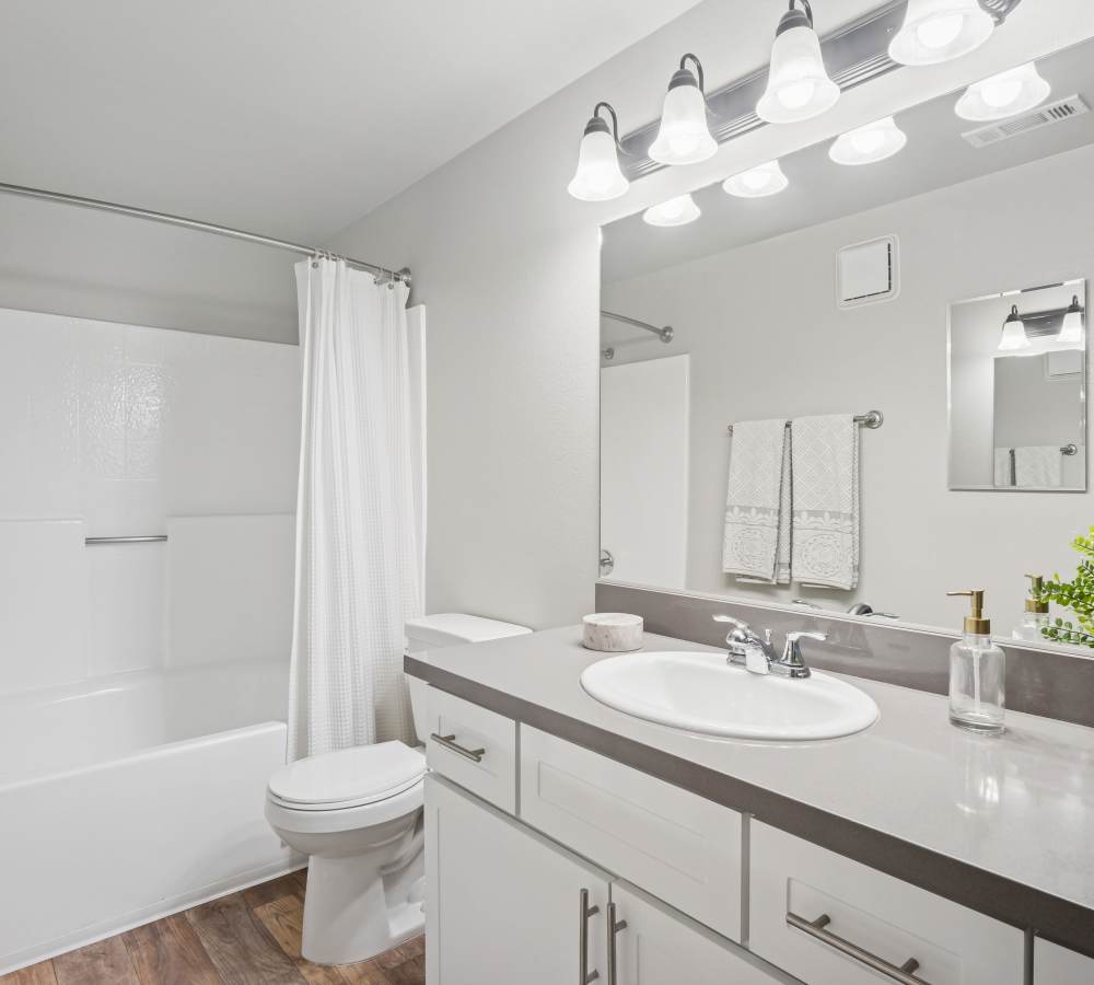 Bathroom with a stone counter top at Paloma Summit Condominium Rentals in Foothill Ranch, California
