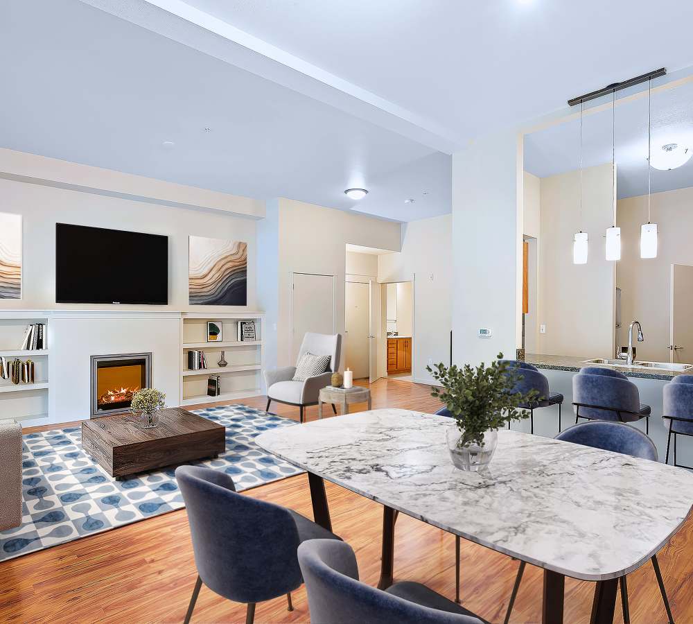 Dining room with wood-style flooring at Eddyline at Bridgeport in Portland, Oregon