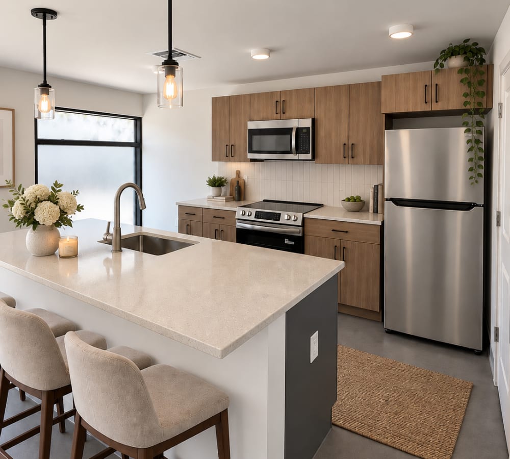 Modern gourmet kitchen with granite countertops and pendant lighting at Altitude on Main in Richmond, Virginia