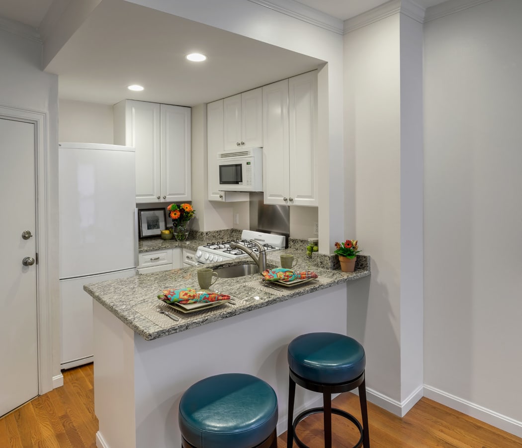 Naturally lit kitchen at Burbank Apartments in Boston, Massachusetts