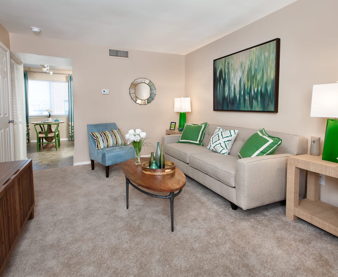 Spacious living room of a model apartment at James River Pointe in Richmond, Virginia