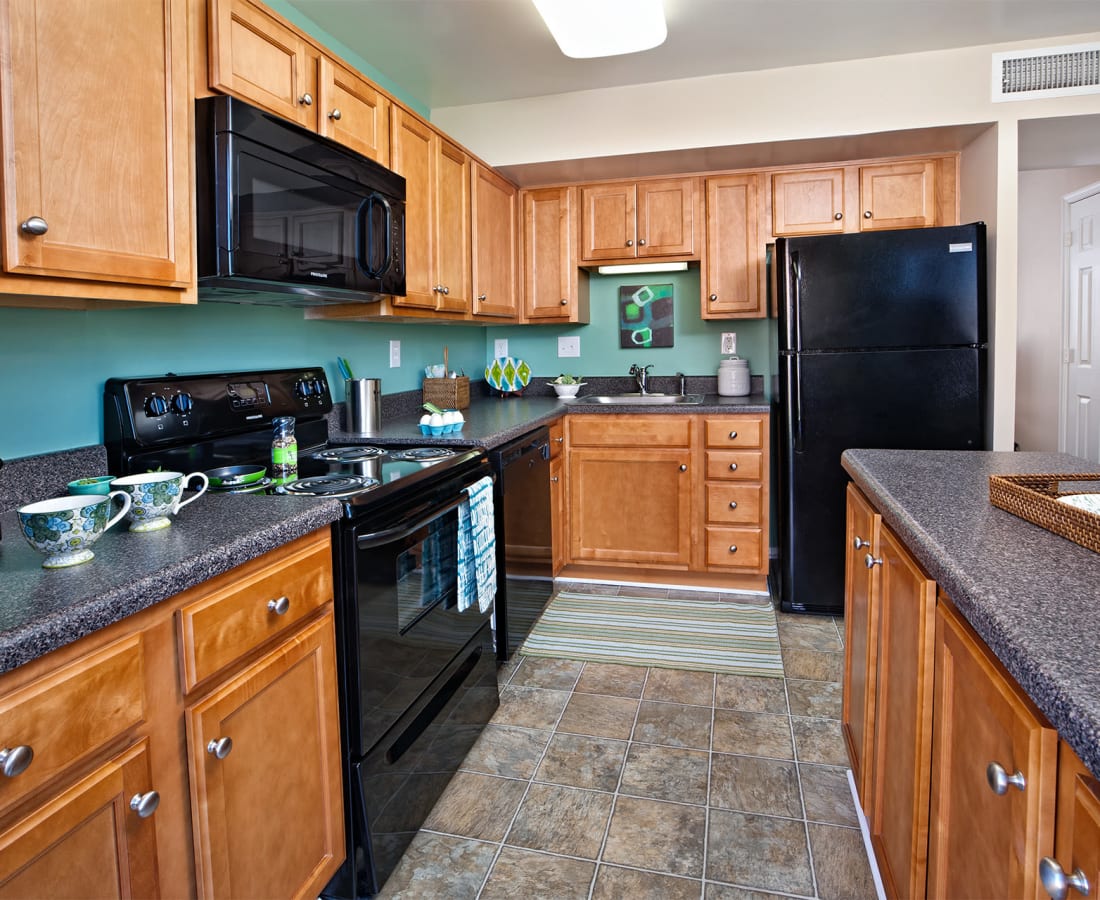 Model kitchen with black appliances including a built-in microwave at James River Pointe in Richmond, Virginia