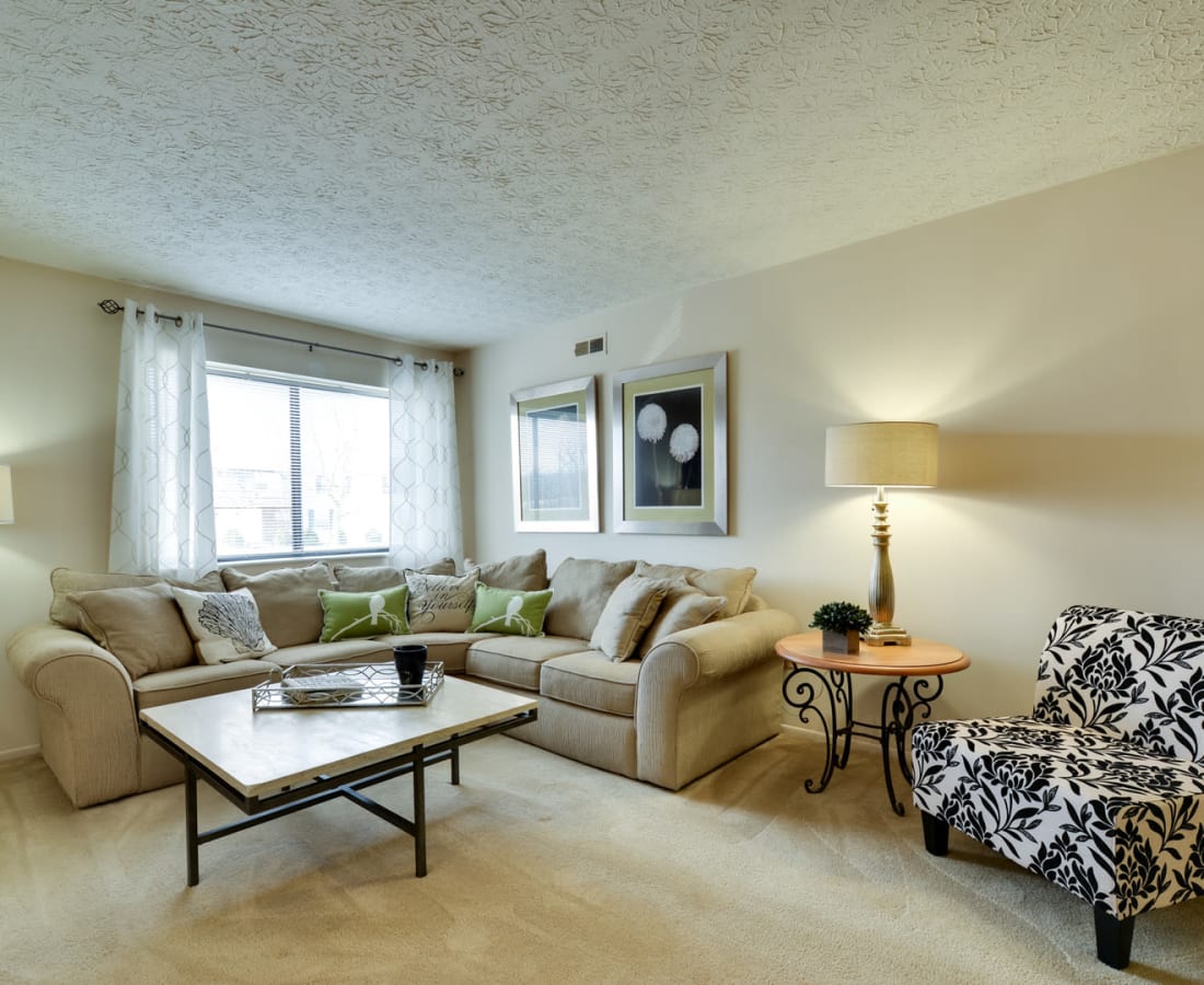 Living room with plush carpeting at Pointe at Northern Woods in Columbus, Ohio