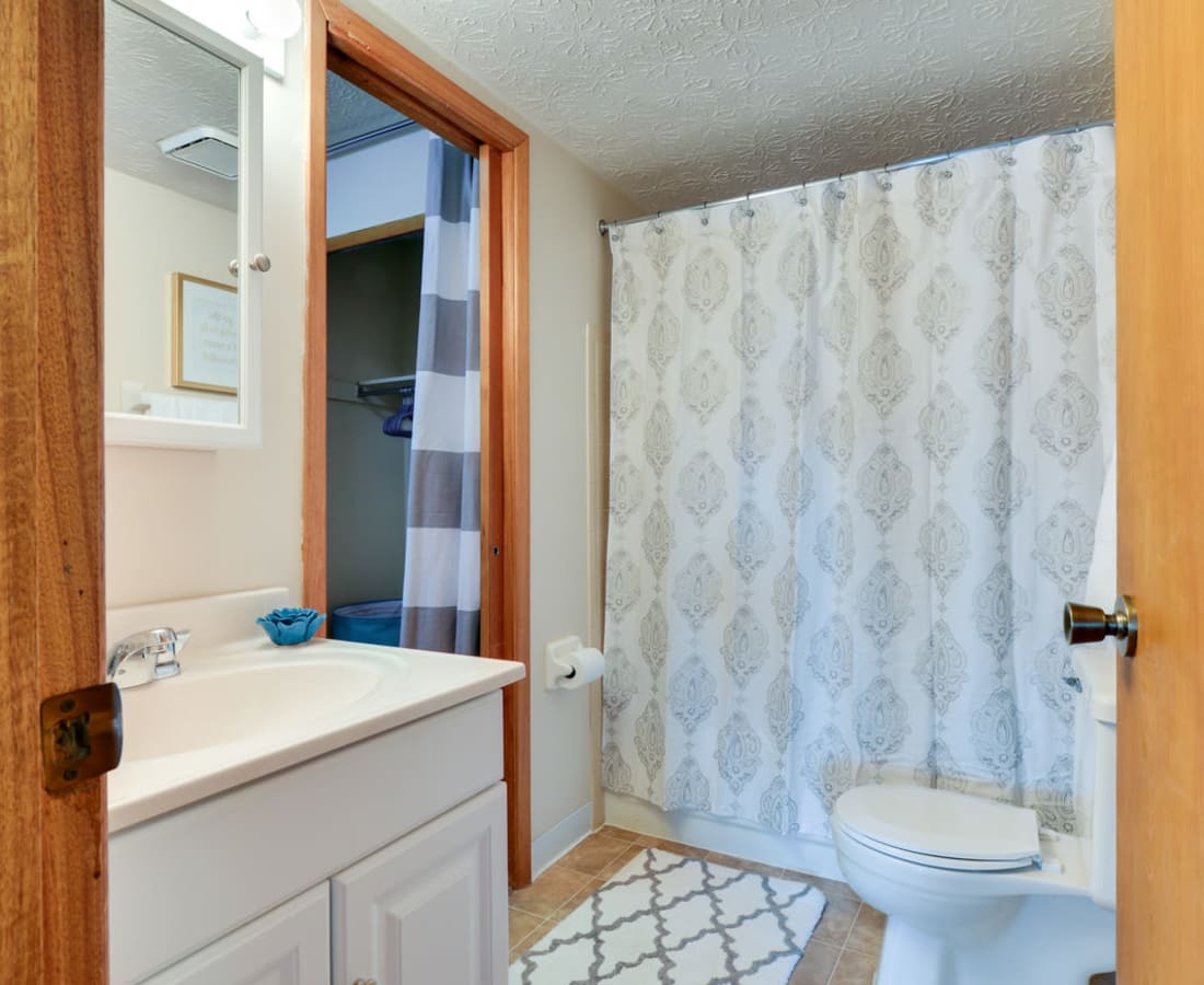 Model bathroom with big vanity  at Pointe at Northern Woods in Columbus, Ohio