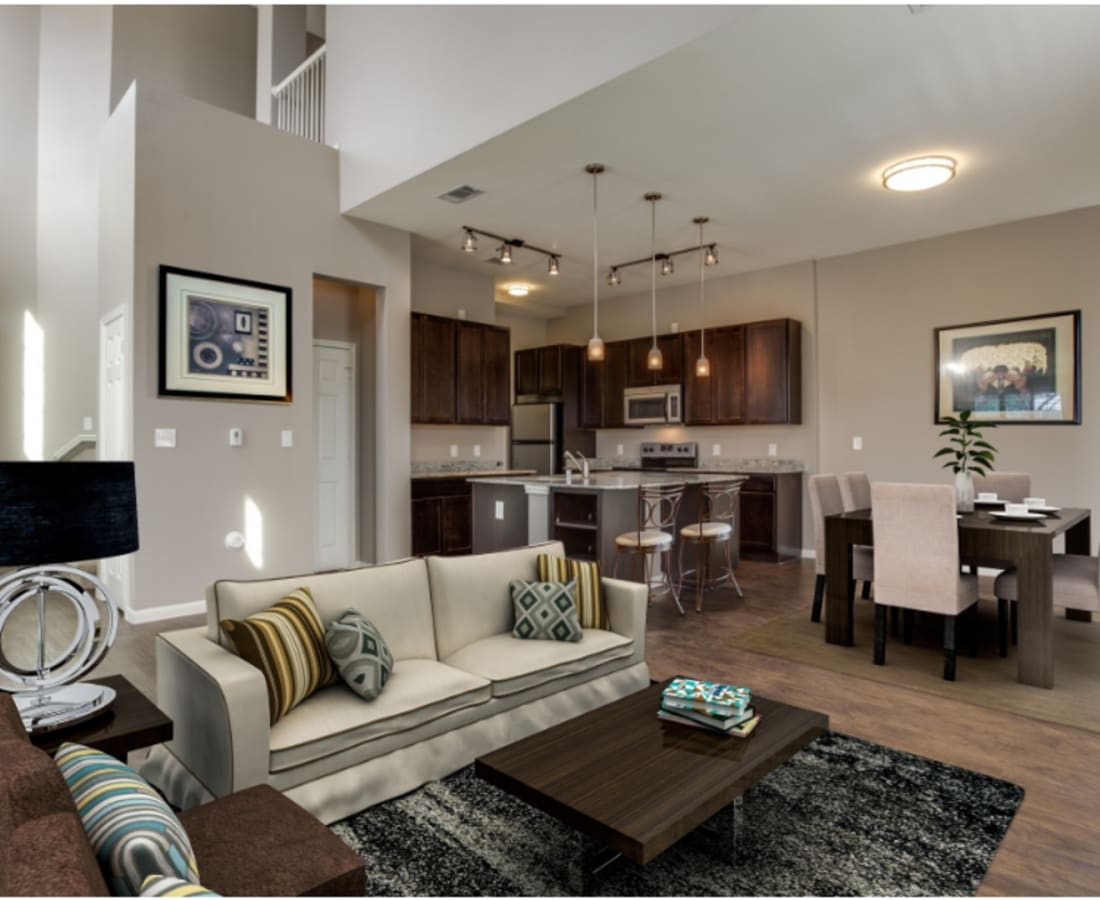 Modern decor in the living area of a model home at Parkside Towns in Richardson, Texas